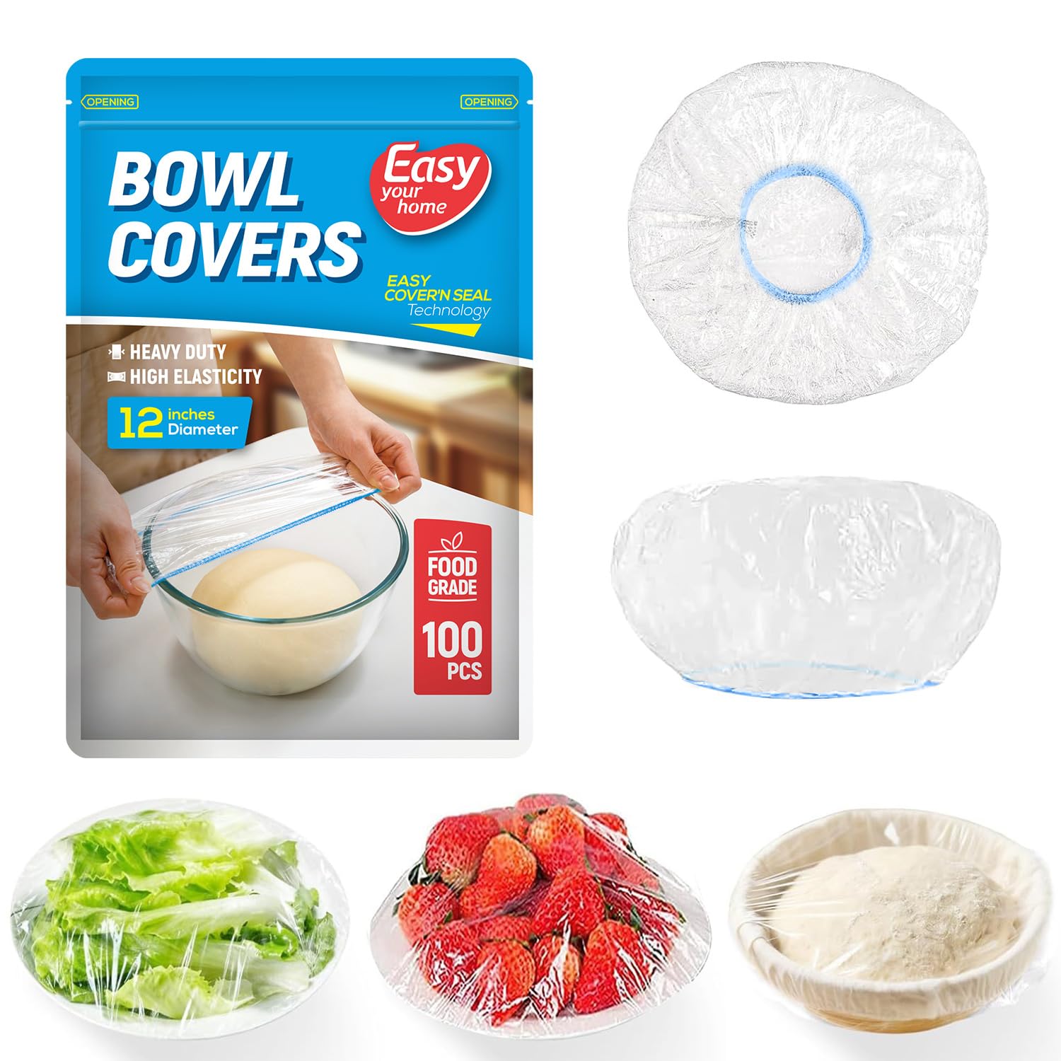 Photo 1 of 100PCS 12Inch Bowl Covers, Food Cover Dish Covers, Elastic Stretch Food Storage Lids, BPA-Free Plastic Wrap for Sourdough Proofing Meal Prep Fresh Keeping