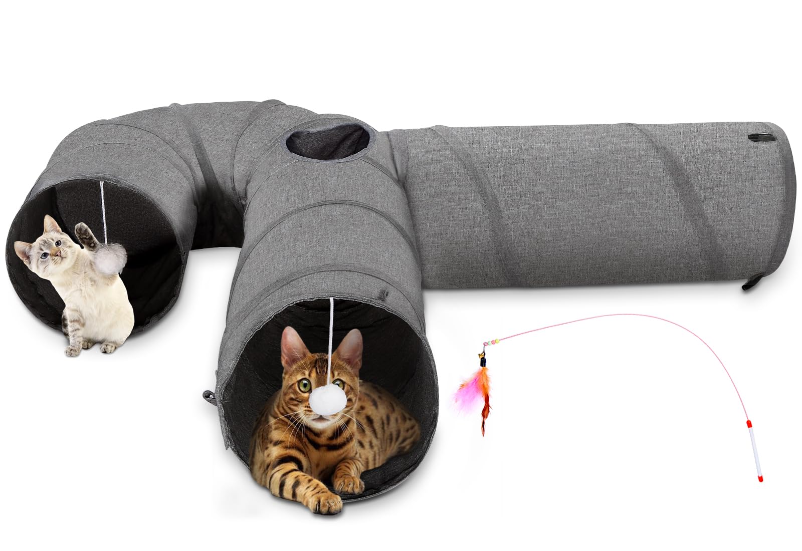 Ownpets Cat Tube Tunnel, 3 Way U Shaped Pet Play Tunnel with Sturdy Oxford Fabric, Foldable and Resistant to Tearing, Featuring Multiple Exits, Hanging Ball and Teaser Wand, Dia 25CM