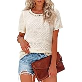 Boho Tops for Women Short Sleeve Sweater Crewneck Crochet Coverup Blouse Dressy Casual Summer Shirts