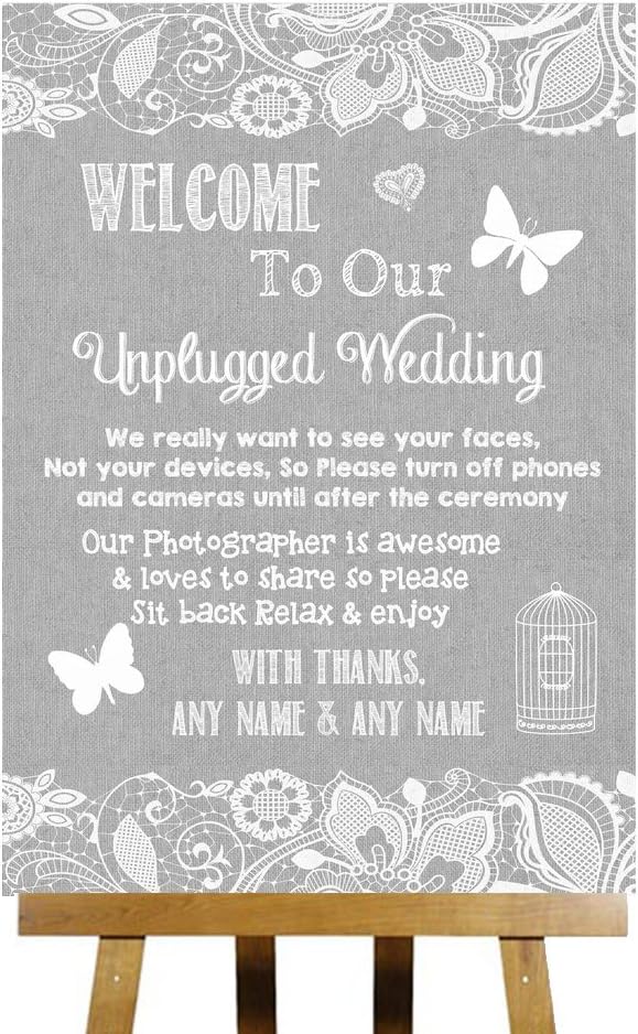 Grey Burlap & Lace Collection Unplugged Wedding No Phones Personalised Printed Card Wedding Sign