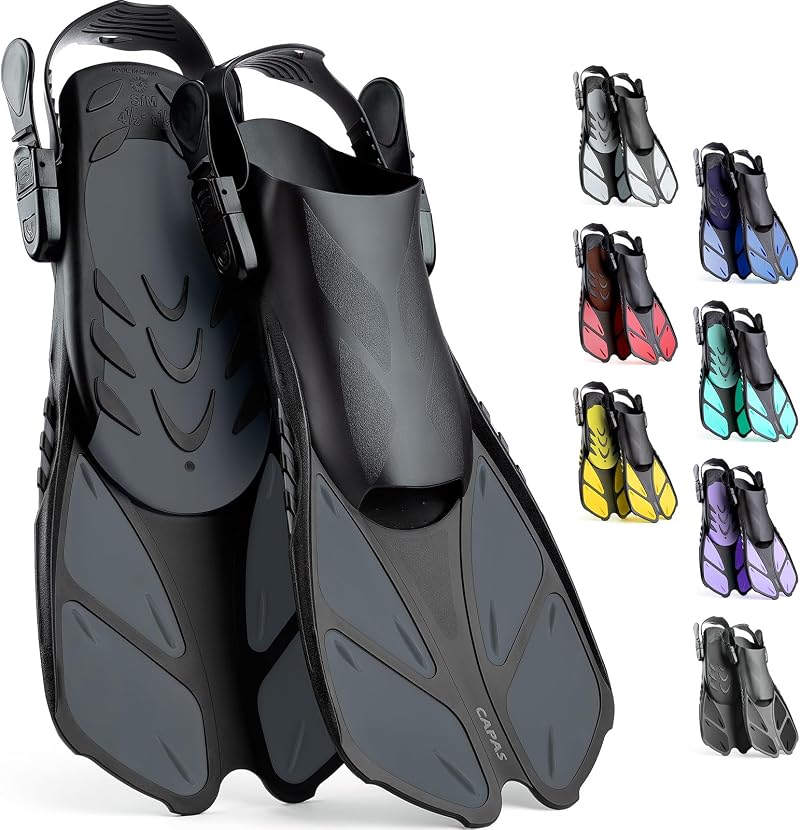 CAPAS Snorkel Fins Travel Size Short Adjustable Open Heel Grey S/M