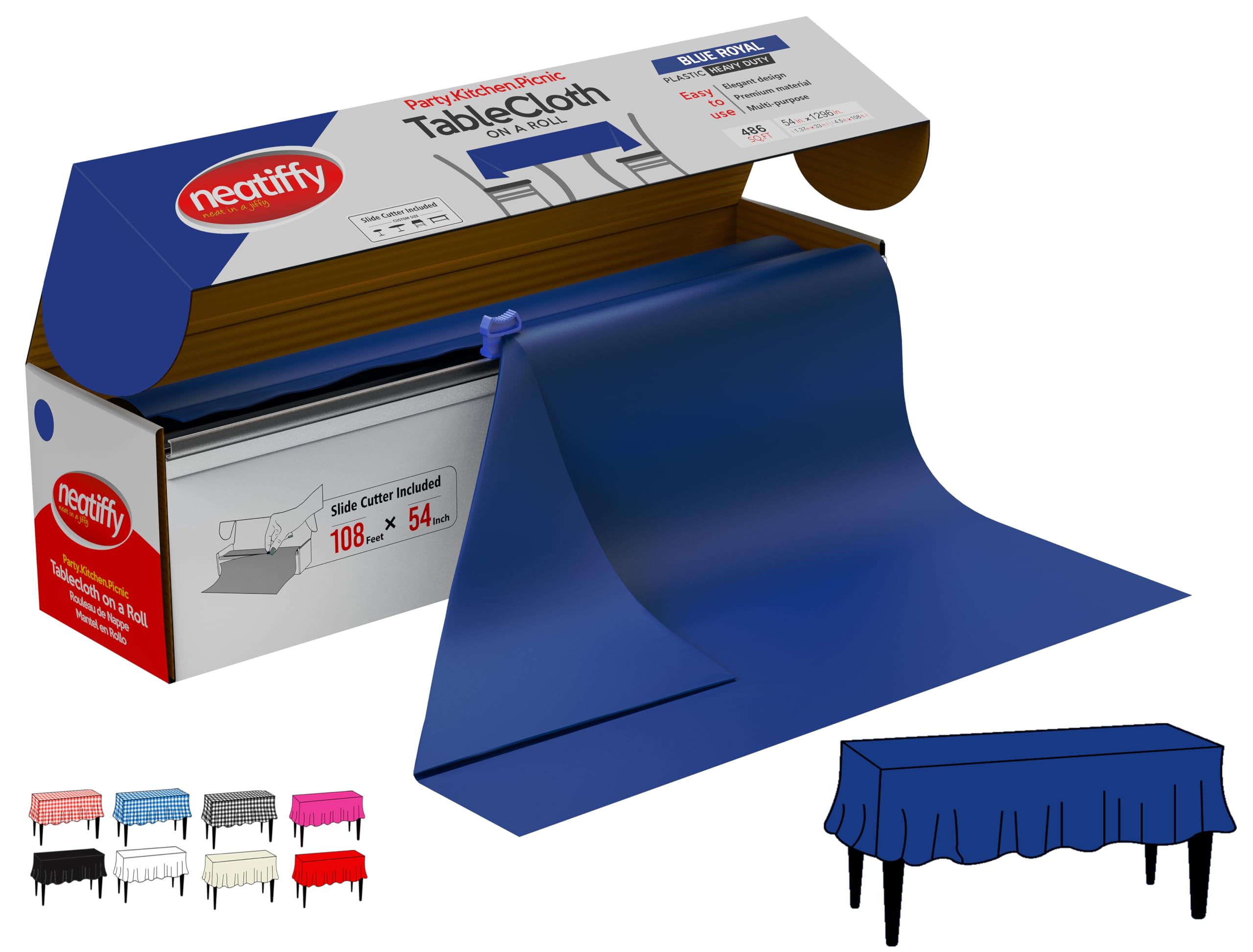 Neatiffy Disposable Plastic Table Cloth Roll | 54 in x 108 Ft Waterproof Tablecloth | Table Cover for Rectangle, Square, Round Oval Tables | Picnic, Party, Banquet, Birthdays, Weddings, Blue