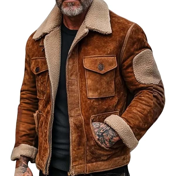 Sherpa Fleece Lined Leather Jacket for Men Vintage Suede Pocket
