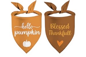SARYBEI Thanksgiving Dog Bandanas Puppy Scarf - Hello Pumpkin Fall Dog Outfits - 2 Pcs Adjustable Triangle Double-Layer Reversible Thanksgiving Pet Bandanas for Small Medium Large Dogs