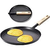 bodkar 8-inch Frying Pan Skillet Flat Crepe Pan, Lightweight Grill Pan with Wooden Handle for Camping Indoor Outdoor Cooking