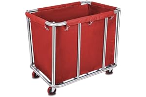LORQING 10 Bushels Laundry Cart Commercial/Home,Heavy Duty Large Stainless Steel Rolling Laundry Basket with Wheels，for Laundry Organizer and Storage,260LBS Load (Red)