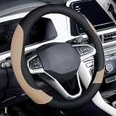 Coverado Car Steering Wheel Cover, Nappa Leather Black &amp; Brown Steering Wheel Covers, Universal 14-15 inch, Anti-Slip, Breathable Steering Wheel Protector for Women Men