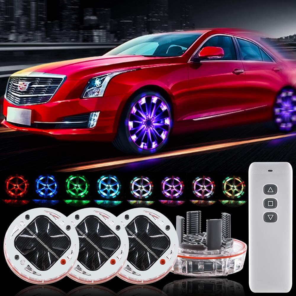 Yifengshun Wireless Remote Led Wheel Lights for Car,Flashing Colorful Solar Energy Car Tire Wheel Lights Hub LED Light with Motion Sensors,Waterproof LED Tire Lights for Car Deco-4Pcak: Automotive