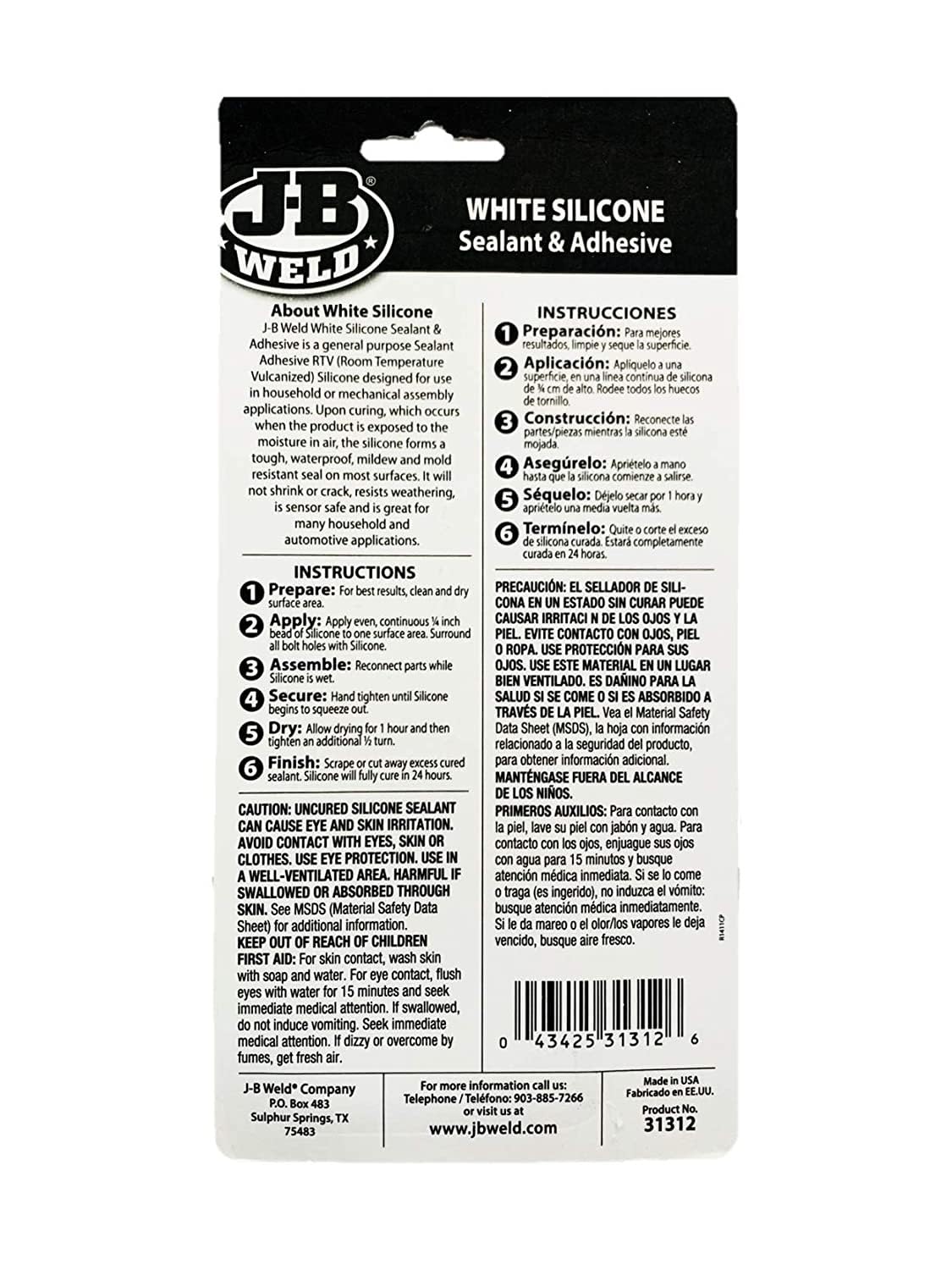 J-B Weld 31312 White All-Purpose RTV Silicone Sealant and Adhesive - 3 oz.
