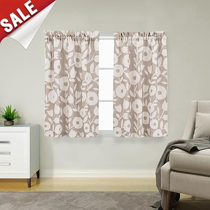 Floral Printed Cafe Curtains Linen Textured Tier Curtains For