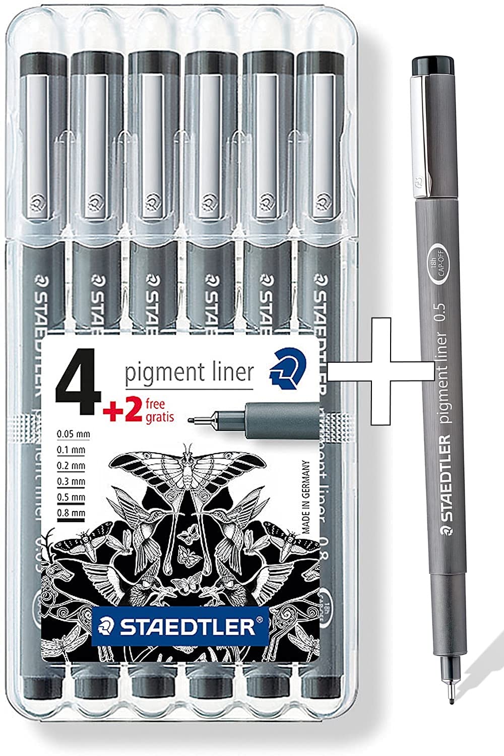 STAEDTLER Pigment Liner 308 SB6P Fineliners Pack of 4 + 2 In Box, 6er Box + Kalligraphie Liner