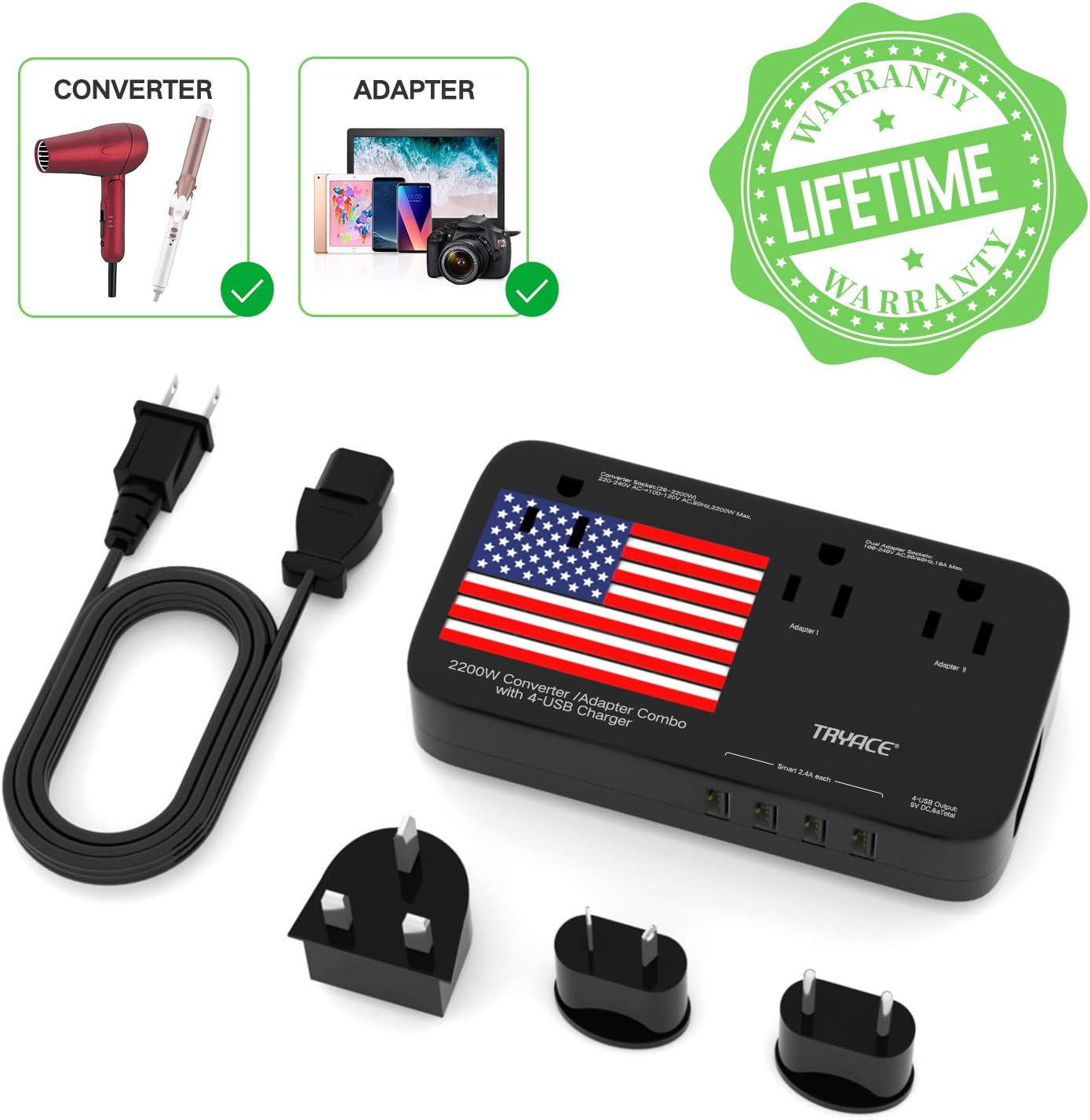 Tryace Step Down 220v to 110v Voltage Converter International Power Travel Adapter with 4-Port USB in UK/US/AU/EU More Than 150 Countries Over The World (Black)