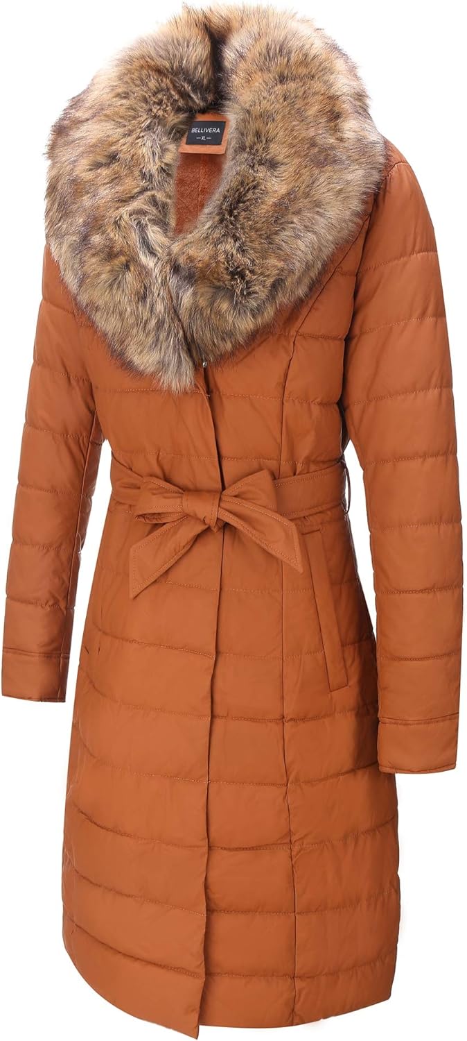 Bellivera Faux Leather Puffer Padding Long Jacket,Women Winter Bubble Coats with Detachable Faux Fur Collar: Clothing