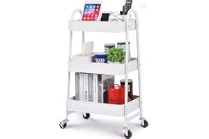KINGRACK 3-Tier Rolling Cart, White, Sturdy Steel Frame, Easy Assembly, 3 Large Baskets, Ideal for Office, Kitchen, Bathroom Storage