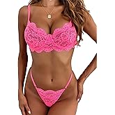 Lilosy Sexy Underwire Push Up Scallop Floral Lace Sheer Lingerie Set for Women Bra and Panty 2 Piece