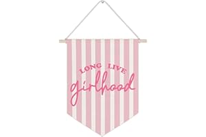 WUCHJ Long Live Girlhood Canvas Wall Banners, Pink Striped Preppy Hanging Display Pennant Flags, Pink Girly Wall Decor for Girls Room Bedroom Dorm Apartment Nursery Toddler Playroom 11x14 Inch