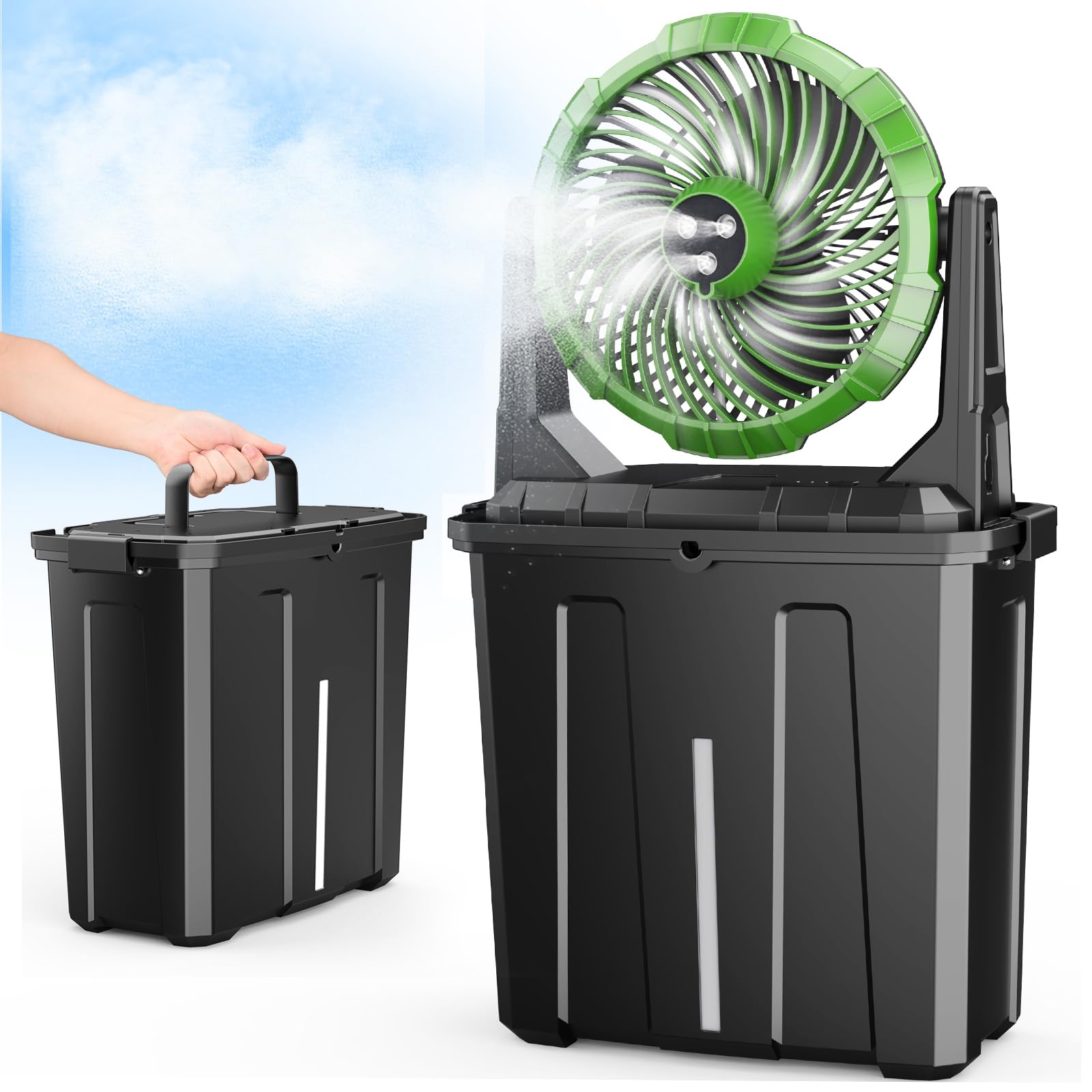 Photo 1 of Ausic Portable Misting Fan - 9L Bucket, 10-inch Outdoor Fans for Patios/Camping/Beach/Golf etc., 20000mAh USB Rechargeable Battery Powered Floor Water Cooling Fan, 3 Strong Winds, 3 Spray Mister