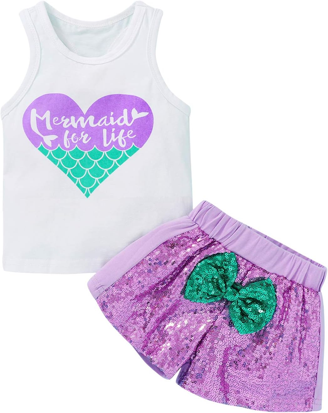 2Pcs Baby Girls Mermaid Outfits Heart Letter Printed Vest Tops Sequin Shorts Summer Clothes Set