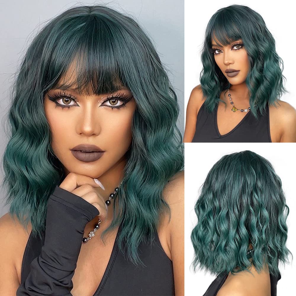 Esmee Short Wave Green Bob Wigs With Fringe Shoulder Length Ombre Wig Curly Wavy Synthetic Cosplay Wigs for Women — image 1