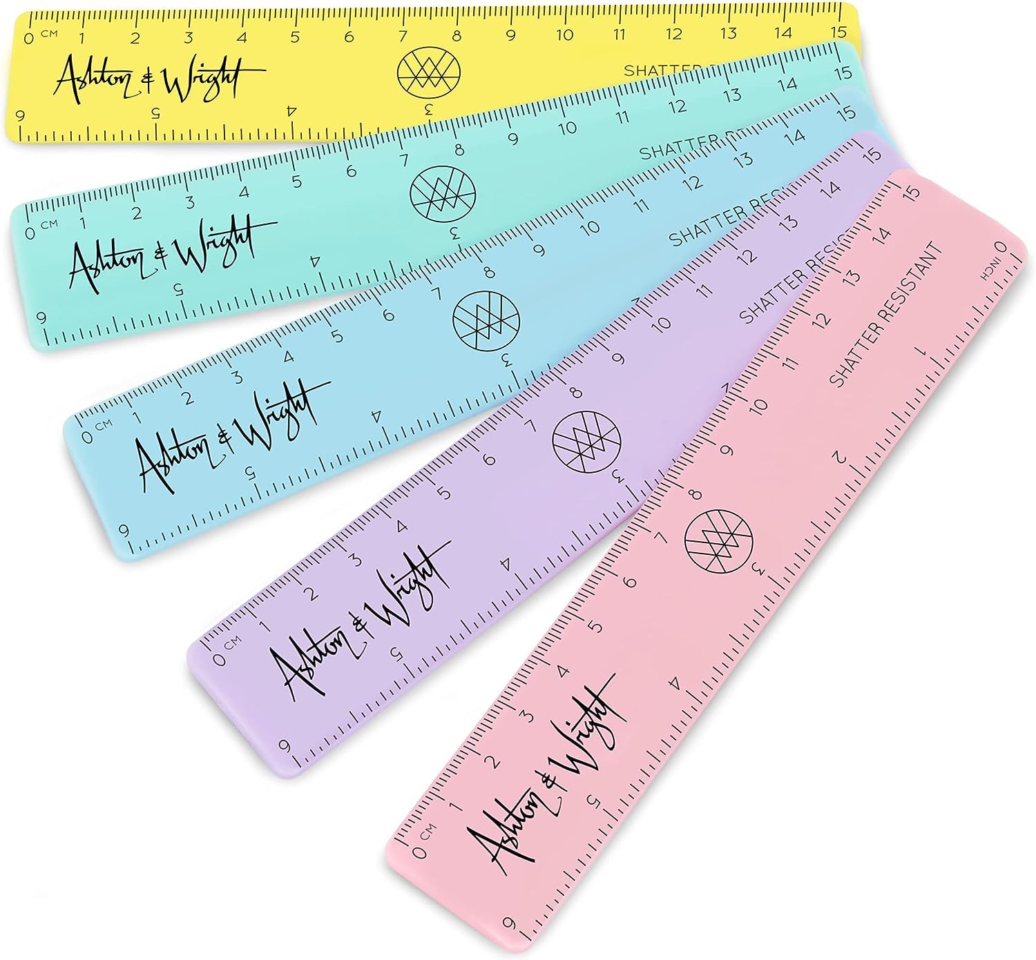 Ashton and Wright - 6 Inch / 15cm Rulers - Shatter Resistant - Pack of 5 - Pastel Colours