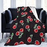 Red Cherry Black Blanket Soft Lightweight Throw Blankets Cozy Flannel Bed Throws For Sofa Couch Travel Home Room Bedroom Decor Gifts For Girls Boys Women 50"x40"