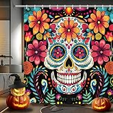 MEHOFOND Sugar Skull Ghost Shower Curtain Mexican Flowers Bath Decor | 100% Polyester Waterproof Fabric Shower Curtain, 12 Hooks 72x72 Inch, for Bathroom, Dorm, for Kids Adults, Washable