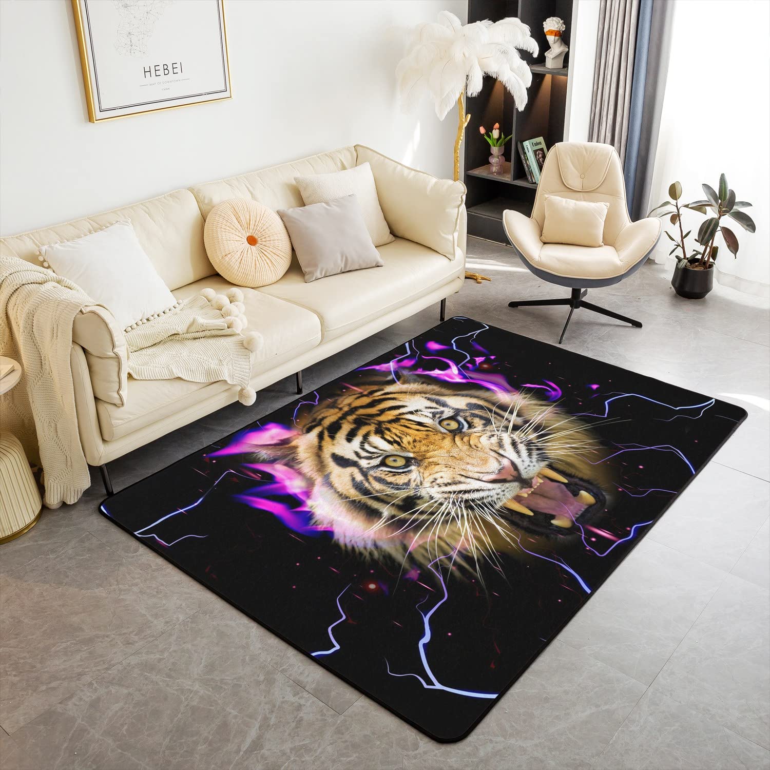 Loussiesd Tiger Indoor Floor Mat Lighting Tiger Decor Carpet Kids Wild Animal Living Room Rugs Wildlife Safari Cat Print Accent Rug Living Room Rugs Area Rug 100X150cm