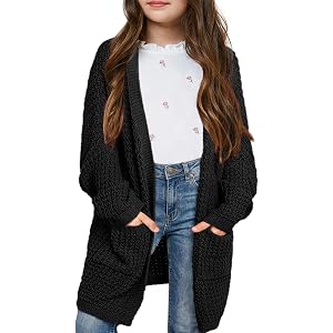 Haloumoning Girls Cardigan Sweater Kids Open Front Sweaters Outerwear 5-14Y | Chunky Knit, Batwing Long Sleeve, Oversized Car