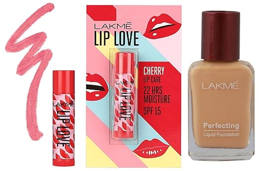 Lakme Lip Love Chapstick Cherry, 4.5 g & Lakme Perfecting Liquid Foundation, Marble, 27ml