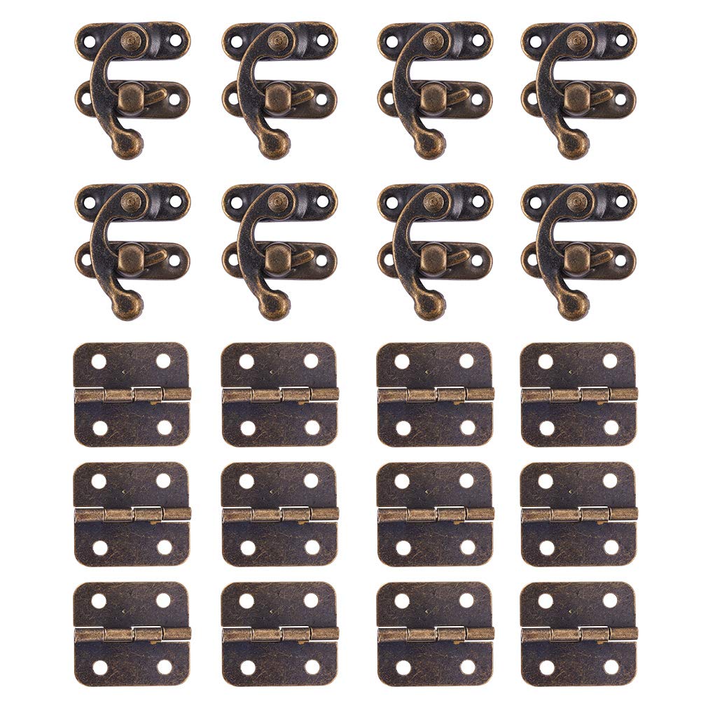 INCREWAY 60 Sets Mini Hinges and 30 Sets Antique Right Latch Hook Hasp, with Mounting Screws - Bronze Tone