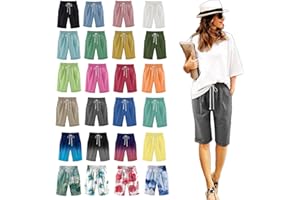 Qeaghou Bermuda Shorts for Women Knee Length Cotton Linen Casual Shorts Drawstring High Waisted Shorts Jogger Athletic Shorts