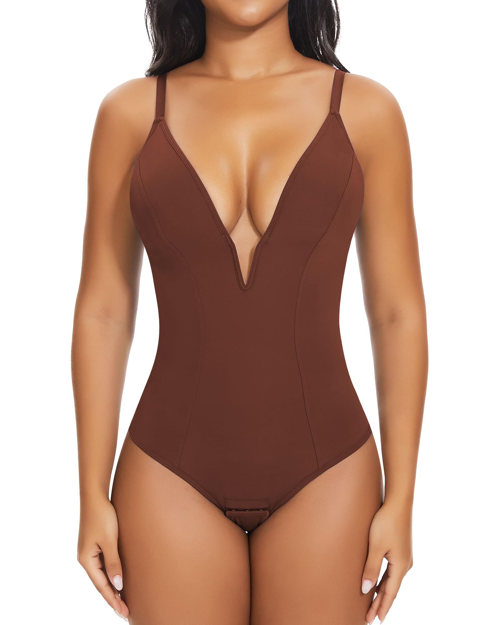 Photo 1 of SHAPERIN Women's Deep V Neck Cami Bodysuit Plunge Double Layer Tummy Control Shapewear Thong Body Suits (Medium,Brown)
