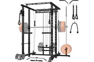 Mikolo Power Cage, 1500lbs Power Rack with LAT PullDown and Cable Crossover System, Squat Rack with Pulley System, Weight Cage for Home Gym with Training Attachments