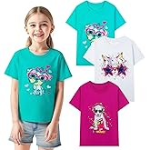 HILEELANG Girl T-Shirts Short Sleeve Graphic Tees Cotton Casual Summer Tops Shirts Packs