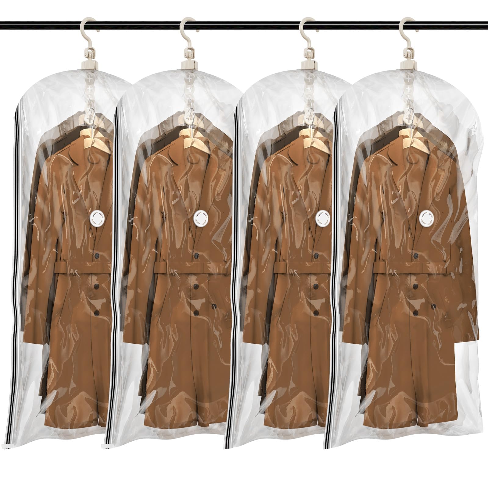 Hanging Vacuum Storage Bags, 4 Jumbo Vacuum Pack Bags for Clothes Reusable Space Saver Bags Vacuum Compression Storage Bags for Winter Coats Wardrobe Coats, Suits & Dresses Garment 5-Ring Hangers