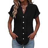 Button Down Shirts for Women Business Casual Short Sleeve Blouses Solid Cotton Loungewear V Neck Collared Going Out Tops