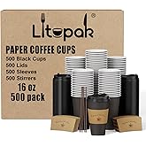 LITOPAK 500 Pack 16 oz Disposable Coffee Cup with Lids, Sleeves, and Stirring Sticks, Black Hot Paper Coffee Cups for Home, Travel, Office, Party