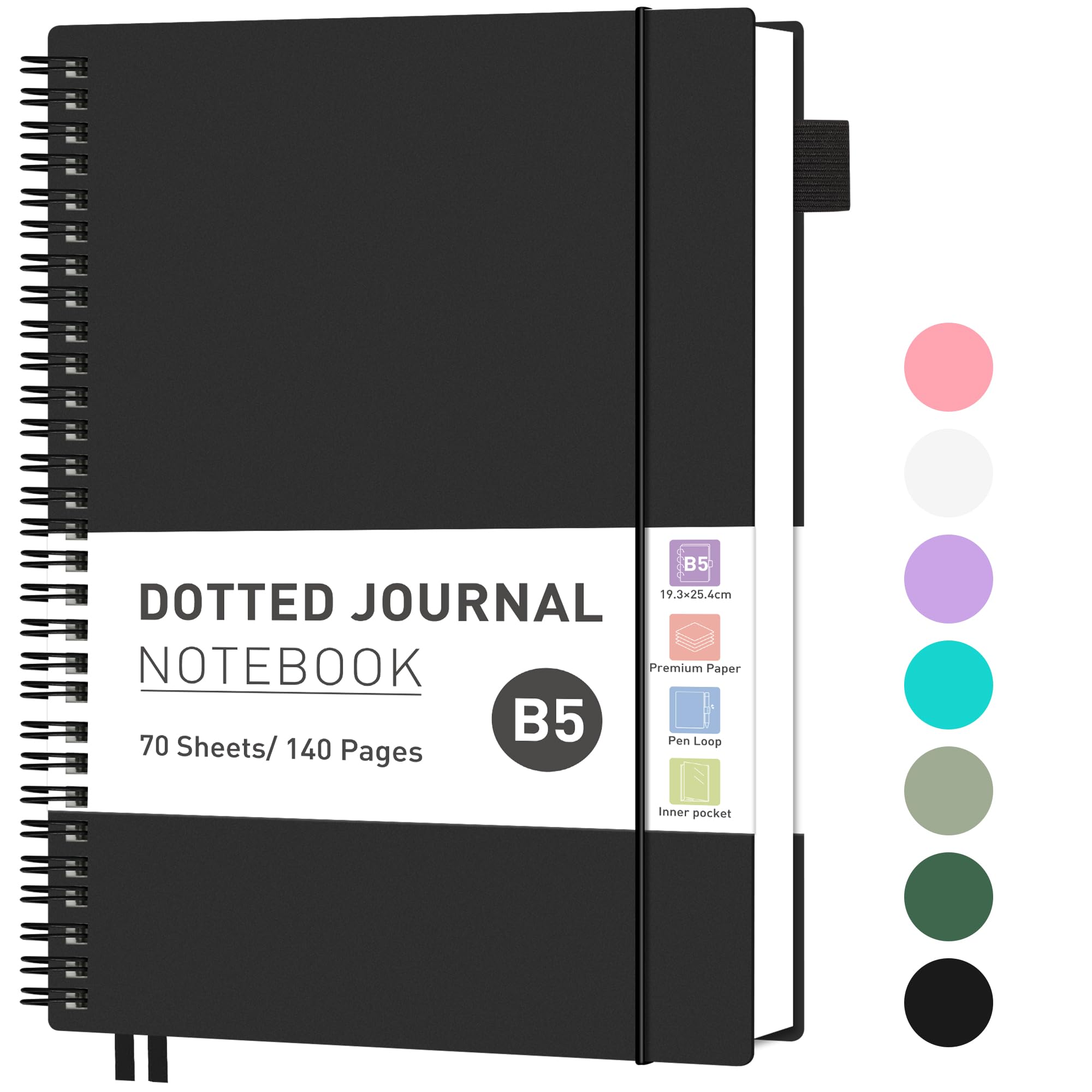 RETTACY B5 Notebook Bullet Dot Journal, Grid Dotted Notebook 140 Pages /70 Sheets for Writing,Notepad with PVC Pocket, Pen Loop, Ruler, Bookmark for Women Men Work Office School, 19 x 25 cm - Black