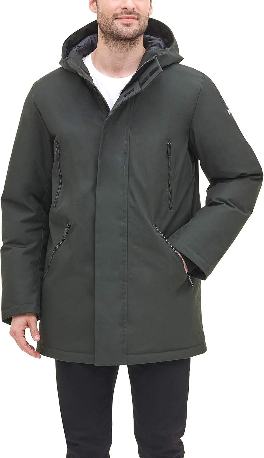 DKNY Men's Water Resistant Hooded Logo Parka Jacket at  Men’s Clothing store