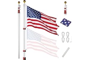 YESHOM Yescom 25ft Telescopic Aluminum Flag Pole Fly 2 Flags 3'x5' US Flag Ball Top Kit Telescoping Flagpole Yard Outdoor Garden