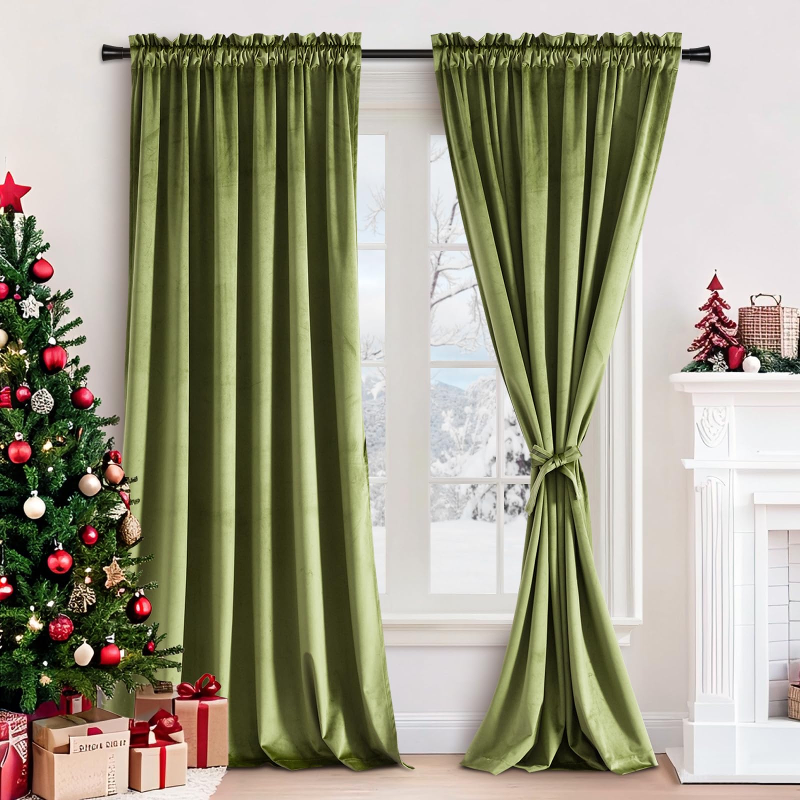 JIUZHEN Moss Green Velvet Curtains 108 inches for Living Room Thermal Insulated Blackout Velvet Drapes Room Darkening Window Treatments for Bedroom/Gallery, Set of 2 Panels, 52W x 108L Image