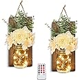 HOMKO Rustic Wall Decor, Mason Jars Wall Sconces with Remote LED Lights, Hanging Kitchen Bathroom Bedroom Decor (Set of 2) - Dark Brown