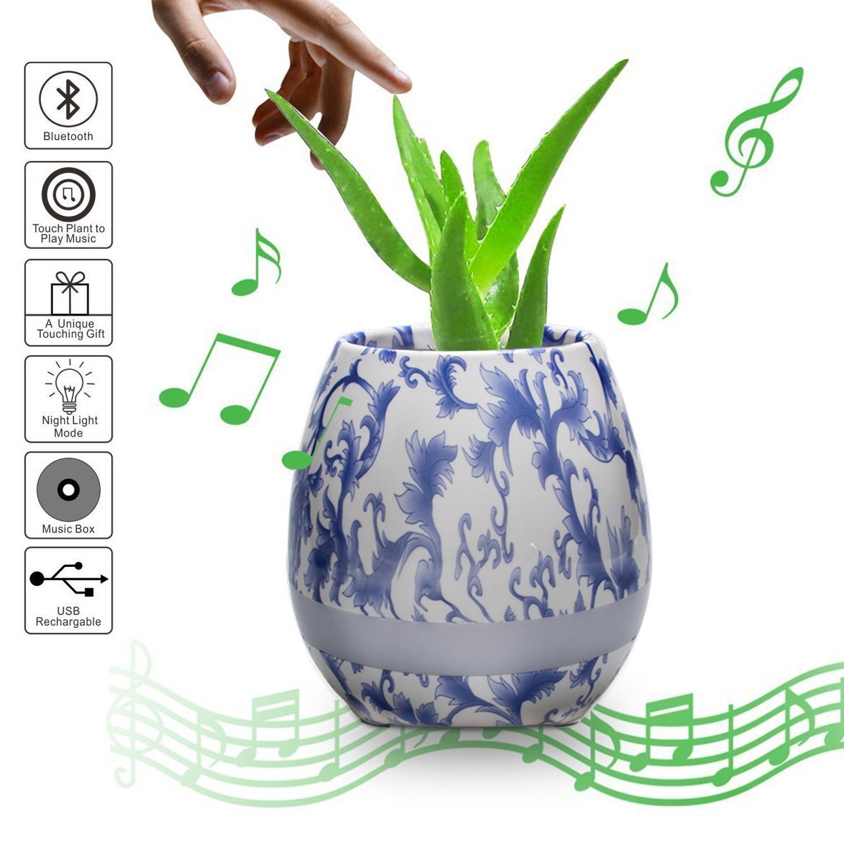 Smart Flowerpot Music Plant Pot with LED Night Light Play the Piano Music & Light Round Pot Rechargeable Wireless Playing(Without Plants)