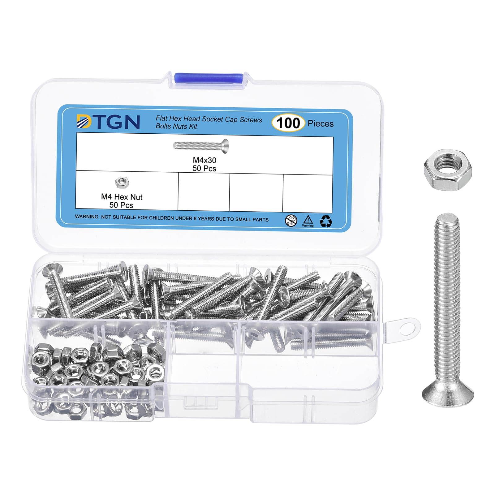 DTGN 100Pcs M4-0.7 x 30mm Flat Head Hex Socket Cap Screws Bolts Nuts Kit, 304 Stainless Steel Round Flat Metric Machine Screws, Full Thread