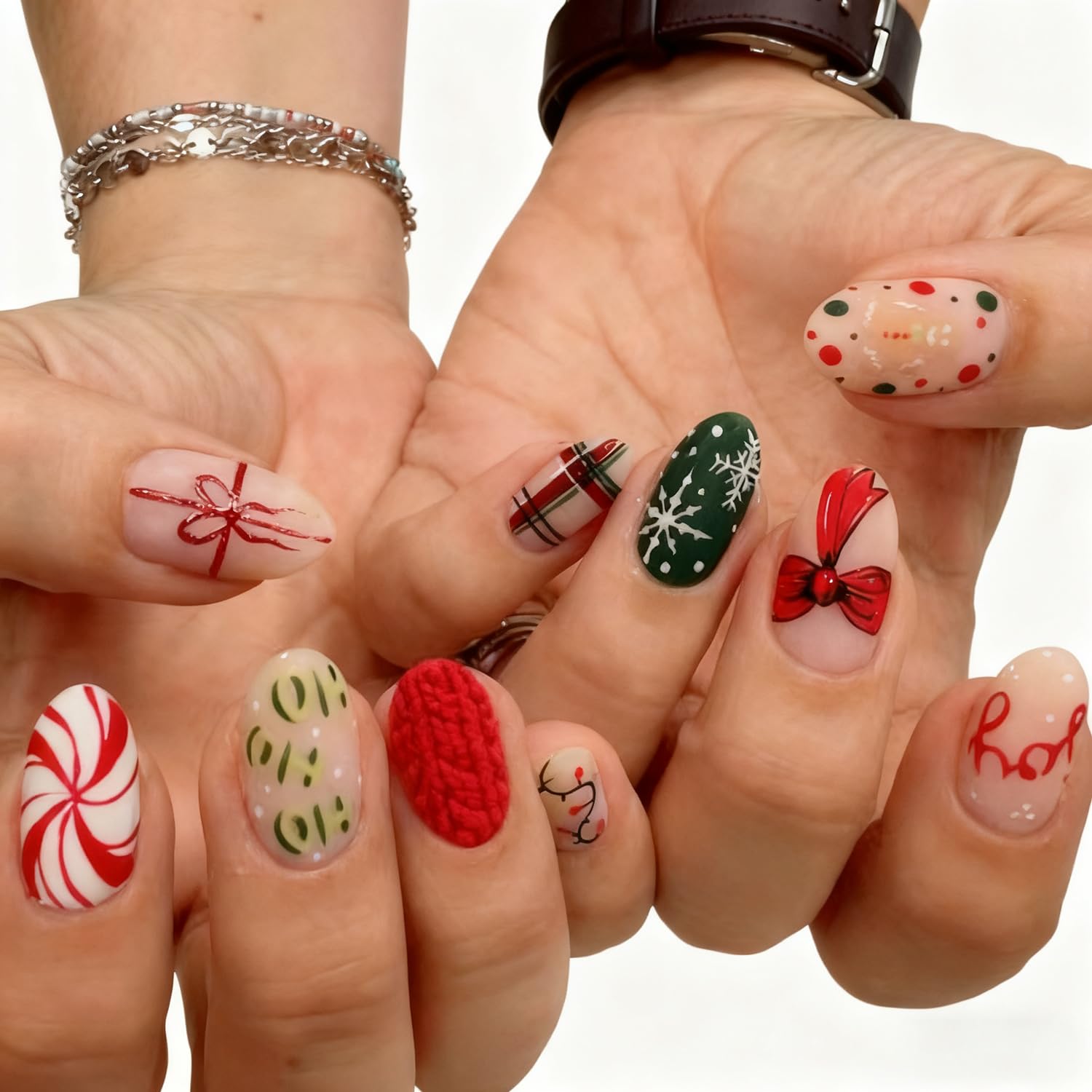 Photo 1 of 24Pcs Christmas Press on Nails Short Oval False Nails with Gingerbread Man Bow Spiral Designs Winter Glue on Nail Christmas Snowflake Fake Nail Cute Holiday Stick on Nails for Women Xmas Manicure Gift