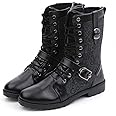 Tebapi Mens Motorcycle Punk Boots Leather Backpacking Military Mid-Calf Retro Rock Boots for Winter Autumn Black Lace-up Buckle Shoes Men Tactical Army Riding Hunting Walking Boot