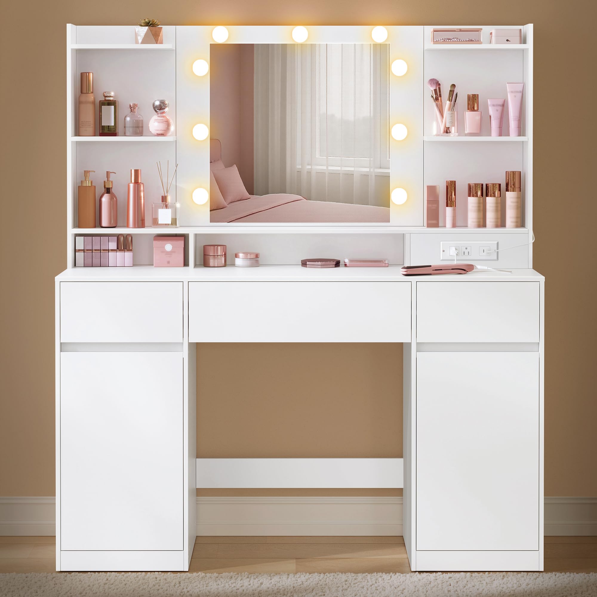 Photo 1 of VASAGLE Kailyn Collection - Vanity Desk with Mirror and 9 LED Bulbs, Vanity Makeup Table with Power Outlets, Dressing Table with 2 Cabinets, for Bedroom, Cloud White URDT142WB01S