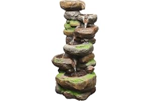YZM 6-Tiered Outdoor Floor Rock Water Fountain Cascading Waterfall Fountains Indoor Led Lights for Home Garden Patio with Natural Stone Look 37.4" H