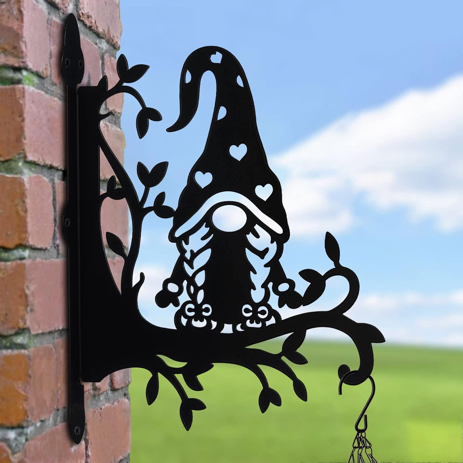Outdoor Hanging Brackets - BAYN Hanging Plant Bracket Iron Heavy Duty Ornamental Gnome Silhouette Wall Mounted Plant Hangers Outdoor for Flower Pot Lantern Bird Feeder Wind Chimes