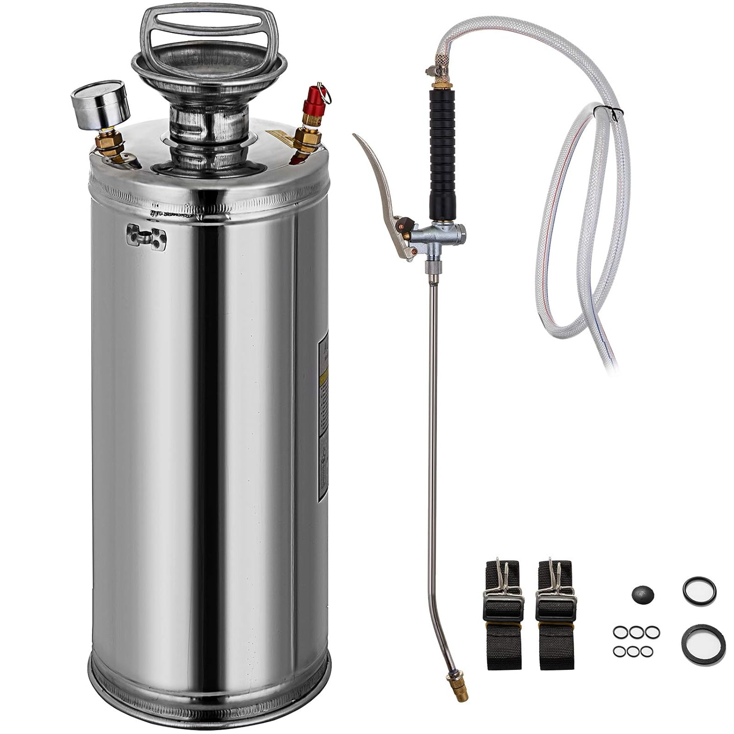 Happybuy Stainless Steel Sprayer 2 Gallon Steel Hand-Pump Sprayer with 3.3-inch Reinforced Hose Garden Sprayer for Home Gardening and Ground Cleaning
